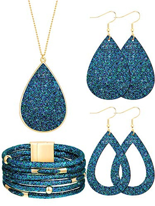 4 Pieces Women's Glitter Jewelry Set Bridal Wedding Multi-Layer Bracelet Faux Leather Dangle Earrings Necklace -Dark Blue-