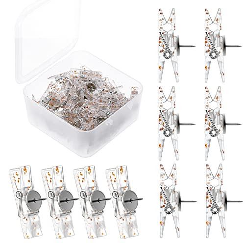50 Pieces Push Pin Clips Plastic Push Pins for Cork Board Push Pins Tacks Mini Photo Clips Decorative Pins Thumbtack Paper Clips Pushpins for Bulletin Board -Clear with Rose Gold Glitter-