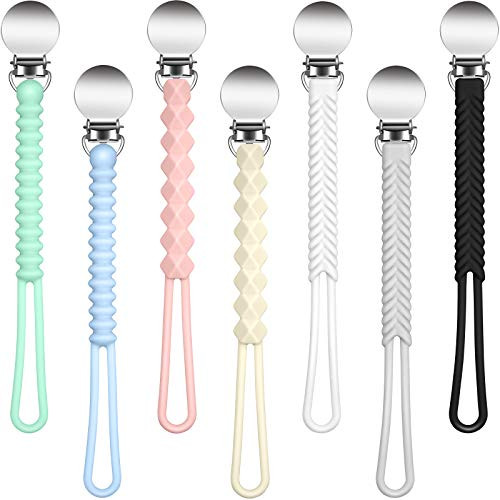 Nuanchu 7 Pieces Pacifier Clip Silicone Pacifier Strap with Clip Babies Pacifier Clips Silicone Teether Clip Pacifier Holder for Baby Boys Girls -Multicolor-
