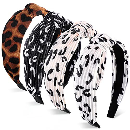 4 Pieces Leopard Knot Headbands Girls Top Hair Knot Headbands Cross Knot Hairbands Non-Slip Women Headbands Retro Headbands Hair Accessories for Women