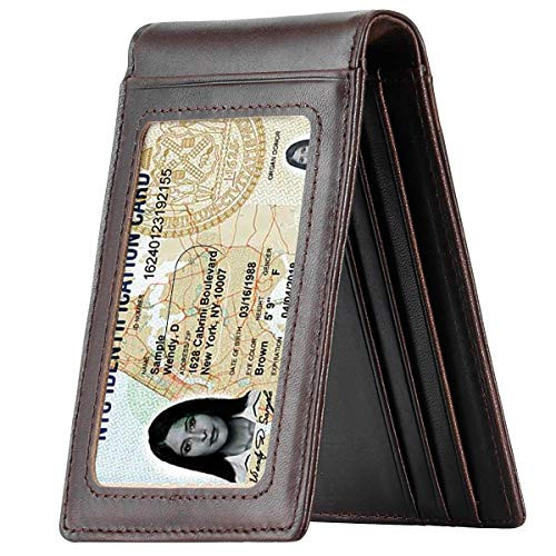Men's Card Wallet Money Clip RFID Blocking Bifold Oil Wax Leather Front Pocket Wallet for Men -Brown-