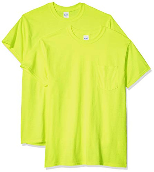 Gildan Men's Ultra Cotton Adult T-Shirt with Pocket- 2-Pack- Safety Green- Small