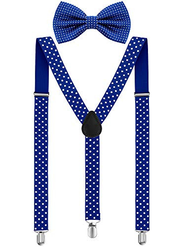 Suspender Bow Tie Set Clip On Y Shape Adjustable Braces- 80s Costume Suspenders Shoulder Straps for Halloween Cosplay Party -Royal Blue with White Dots-
