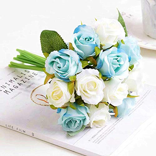 Jasion Artificial Roses Flowers 12 Heads Arrangement Silk Bouquet for Home Office Parties Bridal and Wedding Decoration -Blue and White-