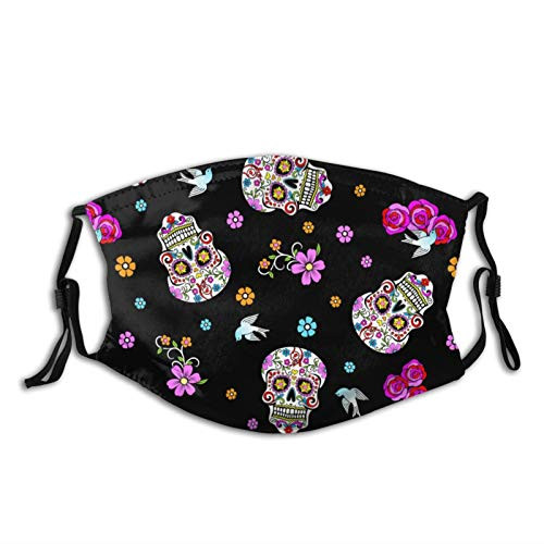 Pink Rose Flower Sugar Skull Black Face Mask With Filter Pocket Washable Reusable Face Bandanas Balaclava With 2 Pcs Filters