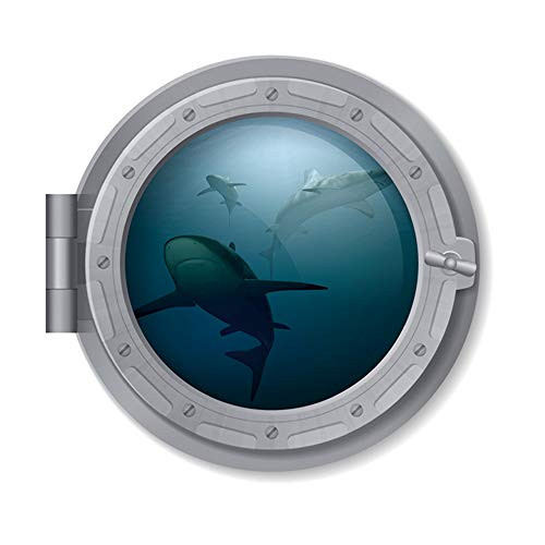Wland 3D 11 x 11 inch Undersea Several Big Shark Porthole Submarine View Tropical Ocean Removable Vinyl Peel and Stick Decorative Wall Decals Stickers for Children Kids Room Nursery