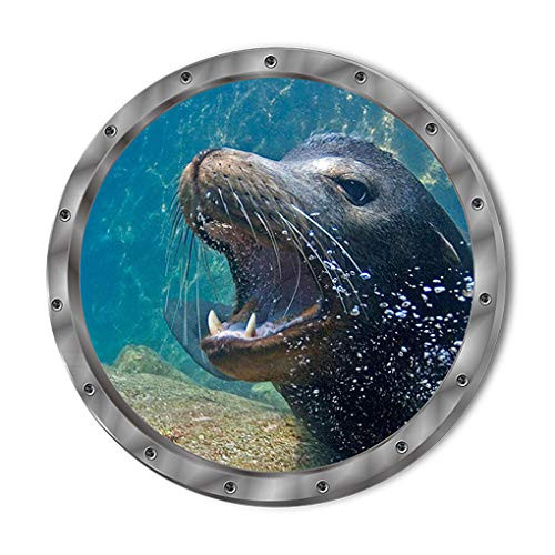 Wland 3D 11 x 11 inch Undersea Cute Sea Lion Sea Dog Deep Sea Porthole Submarine View Tropical Ocean Removable Vinyl Peel and Stick Decorative Wall Decals Stickers for Children Kids Room Nursery