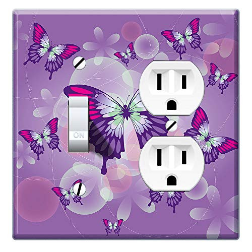 WIRESTER Double Gang-1 Duplex Outlet Cover and 1 Toggle Light Switch Plate/Wall Plate Cover - Pink Purple Butterfly