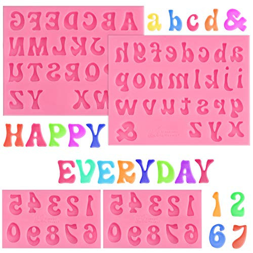 4 Pieces Silicone Letters Molds and Numbers Molds- Lowercase Uppercase Alphabet and 0-9 Number Fondant Chocolate Molds for Decorating Cake- Candy- Cookie- Soap- Resin -Pink-