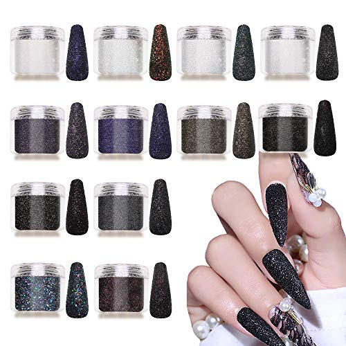 Laza 12 Colors Nail Glitter Powder Shining Sugar Effect Glitter Black White Dust Sand Powder Candy Coat Manicure Nail Art Decoration for Nail Art Tips Decoration DIY Crafts