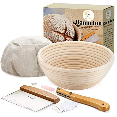 10 Inch Bread Banneton Proofing Basket-Rising Dough Baking Bowl-Proving Baskets for Sourdough Bread Making Starter Kit with Bread Lame- Dough Scraper  and  Cloth Liner Easy to Clean Natural Rattan Basket