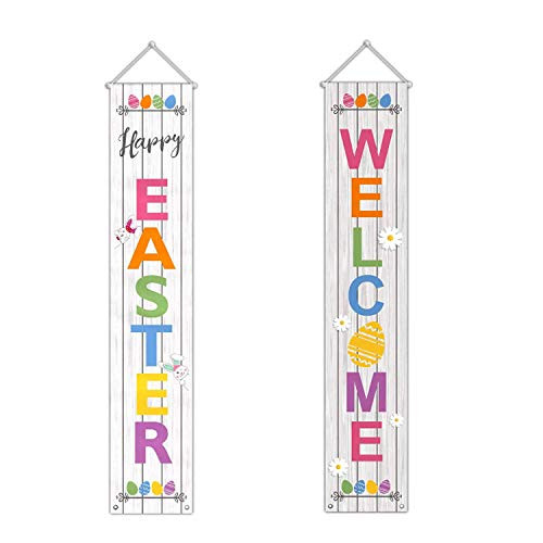 MIZOMOR Easter Porch Sign Welcome Happy Easter Banner Easter Decoration Set Easter Porch Spring Banners Easter Poster Door Hanger for Indoor Outdoor Easter Door Decoration -White-