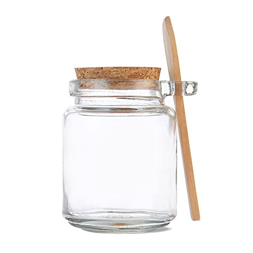 MOLADRI 250ML/8Oz Clear Glass Container Jar with Airtight Cork Lid  and  Scoop- Small Crystal Canister Bottle Salt Keeper with Wooden Spoon for Sugar- Condiment- Pepper- Spice- Bath Sea Salt Scrub