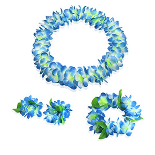 Hawaiian Luau blue flower Leis Jumbo necklaces bracelets headband set