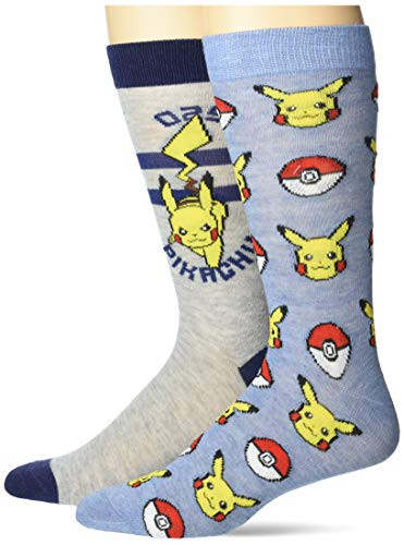 Pokemon Men's 2 Pack Crew- Blue Grey Multi- Fits Sock Size 10-13 Fits Shoe Size 6.5-12.5