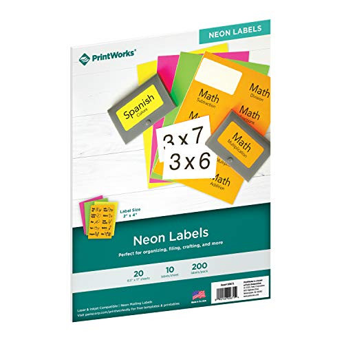 PrintWorks Assorted Neon Labels for Inkjet or Laser Printers  and  Copiers- 2 x 4 Label- 10 Labels per Sheet- 200 Labels per Pack- -00671-