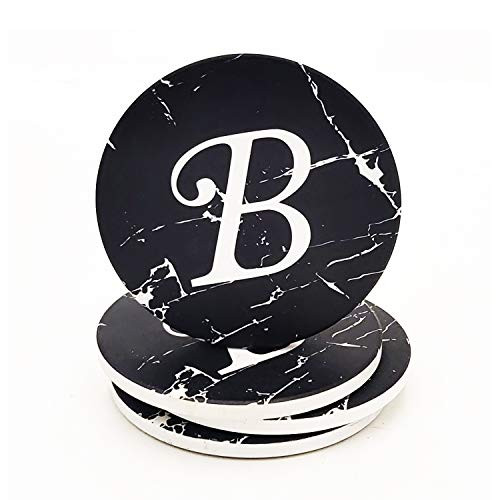 Monogram Coasters For Drinks- Absorbent Coaster Set of 4- Black Marble Style Ceramic Drink Coaster Sets With Cork Base- Initial Letter B