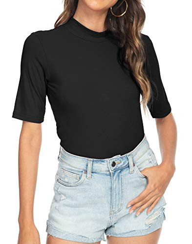 Women Short Sleeve T-Shirts Basic Ribbed Knit Slim Fit Mock Neck Tops Black X-Large