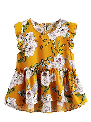 SheIn Women's Ruffle Hem Short Sleeve Floral Chiffon Smock Peplum Blouse Top Large Yellow