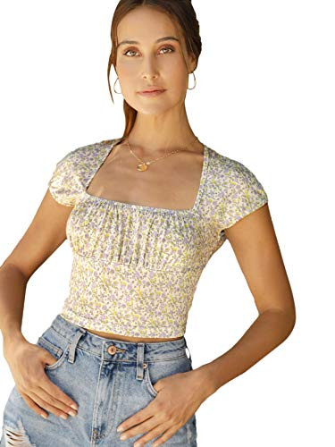Floerns Women's Floral Print Square Neck Cap Sleeve Ruched Bust Crop Top Blouse Multicoloured XS