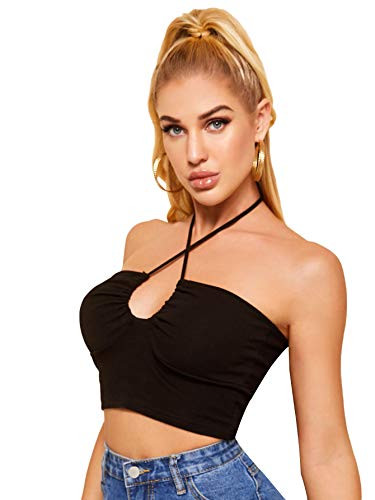 Romwe Women's Sexy Criss Cross Tie Knot Crop Halter Camisole Tube Tops Black S
