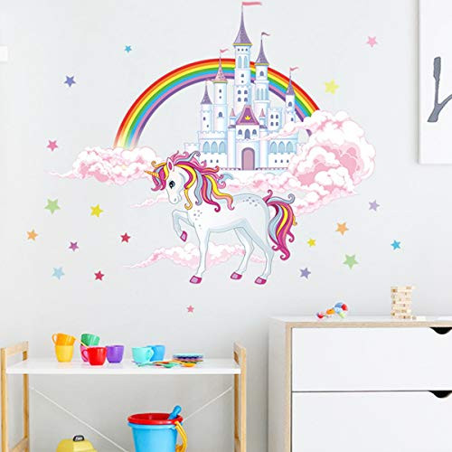 Reyoust Unicorn Wall Decal Stickers Unicorn Rainbow Wall Decor with Castles Stars Clouds for Girls Kids Bedroom Nursery Christmas Birthday Party Decoration