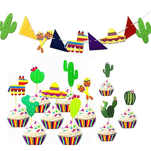 LLGLTEC Mexican Cupcake Toppers, Fiesta Theme Cake Toppers and Mexican Fiesta Party Banner for Cinco de Mayo Cactus Decorations Birthday Party Supplies