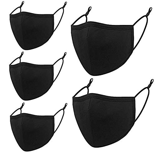 `-5 Pack- Reusable Cloth Face Mask-Black Unisex Washable Breathable Cotton Masks Adjustable Cloth for Men and Women