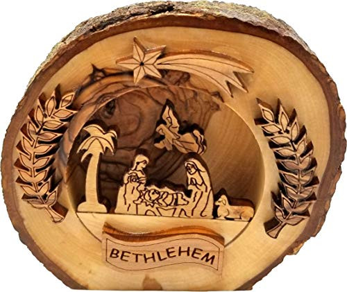 Logos Trading Post Holy Land Olive Wood Christmas Manger Nativity from Israel- Solid Wooden Branch Section with Bark- Standing Ornament Nativity Scene from Bethlehem