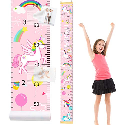 Height Chart for Kids Baby Growth Chart Height Rular for Toddler Measuring Ruler with Pockets Nursery Wall Decor Unicorn Dinosaur Canvas Removable Growth Height Chart- Pink Unicorn