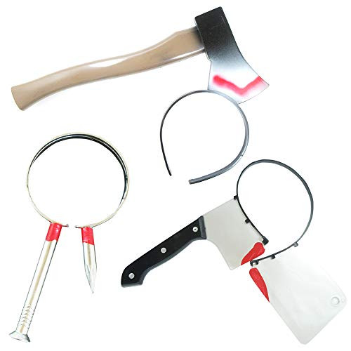 3 Pcs Horror Bloody Headband with Realistic Axe  and  Nail  and  Cleaver Through Head for Zombie Cosplay Costume Accessory Haunted House Props