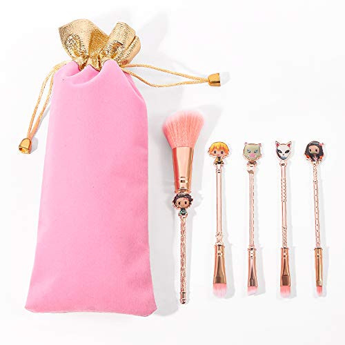Coshine 5pcs Cute Demon Slayer Makeup Brushes- Kamado Tanjirou Anime Metal Cosmetic Brush Set For Eyeshadow- Concealer- Foundation and Blusher