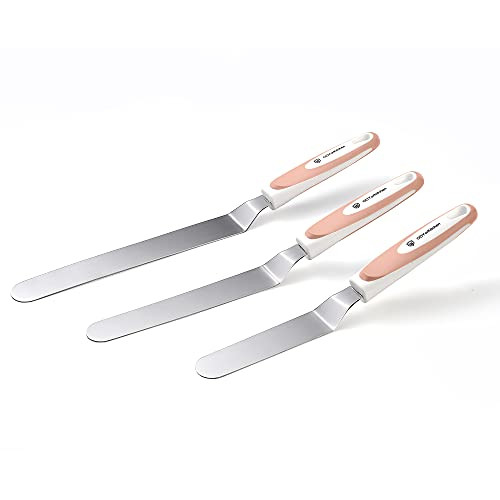 Angled Icing Spatula Set -3 PCS Set - Orange- - Stainless Steel Cake Spatula Set with Comfortable Handle- Angled Offset Spatula- Decorating Frosting Spatula Set of 3 for Baking -6inch- 8inch- 10inch Blade-
