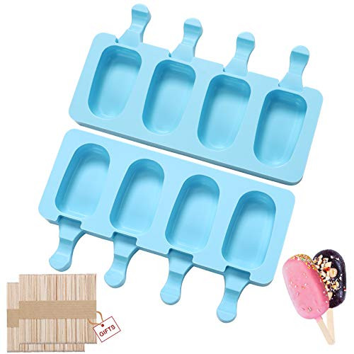 Popsicle Molds Set of 2-Silicone Ice Pop Molds 4 Cavities Homemade Popsicle Maker-Ice Cream Mold-Ice Pop Maker-Cakesicle Mold-Cake Pop Mold Oval with 100 Wooden Sticks for DIY Ice Cream -Blue- Popsicle Molds Set of 2-Silicone Ice Pop Molds 4 Cavities Homemade Popsicle Maker-Ice Cream Mold-Ice Pop Maker-Cakesicle Mold-Cake Pop Mold Oval with 100 Wooden Sticks for DIY Ice Cream -Blue-