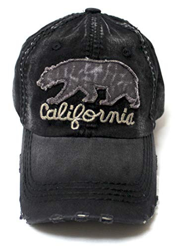 Distressed Adjustable Ballcap California Bear Monogram Embroidery Hat- Washed Vintage Black