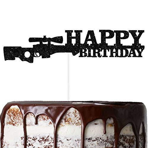 Happy Birthday Cake Topper Glitter Black Pursuit Gun Theme Decorations Picks for Shot Gun Enthusiast Decor Party Supplies