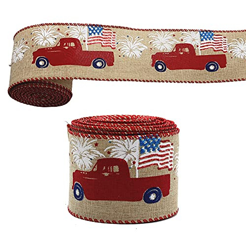 Aolesy Wired Burlap Ribbon- 10Yard Independence Day Ribbon Red Farm Truck American Flag Patriotic Ribbon 4th of July Ribbons for Memorial Day-President's Day Gift Decorations