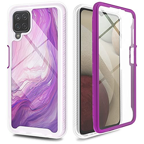 UNPEY for Samsung Galaxy A12 Case with Built-in Screen Protector- Marble Design Full Body Protection Phone Case for Samsung Galaxy A12 -Hard PC Bumper Plus Soft TPU- Purple