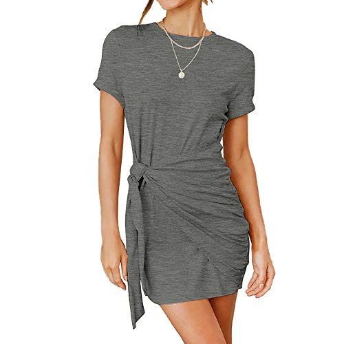 DYMADE Women's Bodycon Dress Casual Round Neck Short Sleeve Knot Twist Stretchy Mini Dress Gray