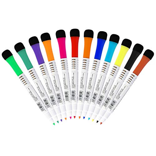 Dry Erase Marker- White Dry Erase Marker With Fine Tip Low Odor Whiteboard Markers with Erasers For School- Home- Office Box of 12 Colors