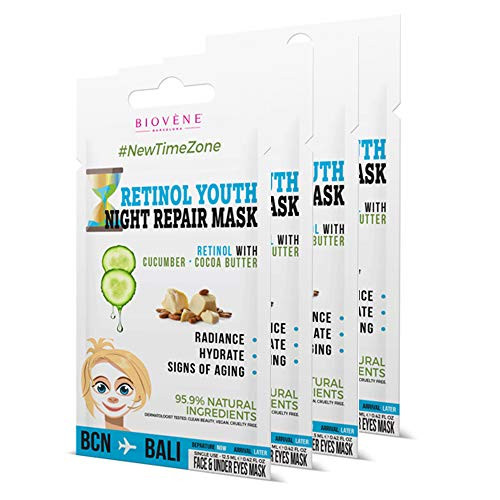 Biovène Retinol Youth- Night Repair Mask 0.42 oz -Pack of 4- Hydrating  and  Brightening Face Mask With 95.9 percent Natural Ingredients