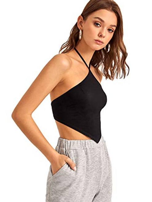 Romwe Women's Backless Halter Tops Sleeveless Tie Knot Bandana Cami Crop Tops Camisole Black XL