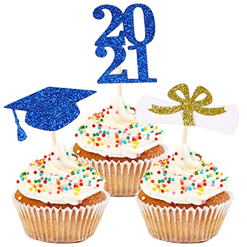 Larchio 48pcs 2021 Graduation Cupcake Toppers- Blue Graduation Cupcake Picks No Assemble Graduation Cap Cake Topper for 2021 Grad Cake Decorations