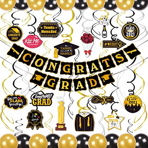 kortes Black and Gold 2021 Graduation Decorations Kit- 2021 Congrats Grad Banner 30pc Hanging Swirls Graduation Balloons for Grad Party Decorations Supplies