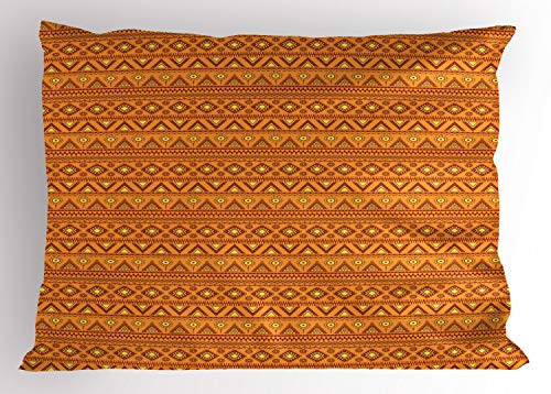 Ambesonne Aztec Pillow Sham- Folkloric Borders Triangle Motifs with Circles and Abstract Sun- Decorative Standard Queen Size Printed Pillowcase- 30inch X 20inch- Orange Yellow Burgundy