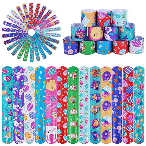 Easter Slap Bracelets 52 pcs Slap Bands Snap Bracelets for Kids- Easter Gift- Easter Basket Stuffers- Egg Fillers- Easter Party Favors- and Classroom Exchange