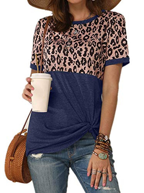 Women's Summer Casual Short Sleeve Shirts Leopard Print Stripe Twist Knot Color Block Tunic T Shirt Tops -02_Blue- Small- Women's Summer Casual Short Sleeve Shirts Leopard Print Stripe Twist Knot Color Block Tunic T Shirt Tops -02_Blue- Small-