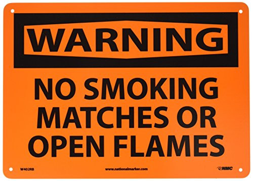 NMC W402RB OSHA Sign, Legend "WARNING - NO SMOKING MATCHES OR OPEN FLAMES", 14" Length x 10" Height, Rigid Plastic, Black on Orange