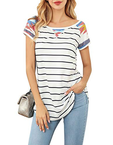 Sanifer Women's Casual Short Sleeve Camo Striped T Shirts Leopard Print Summer Tunics Tops Blouses-L- Geometric Print-