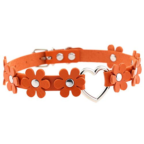 Women Girls Flower Leather Choker Collar Punk Rock Gothic Heart Choker Necklace -Orange- Women Girls Flower Leather Choker Collar Punk Rock Gothic Heart Choker Necklace -Orange-